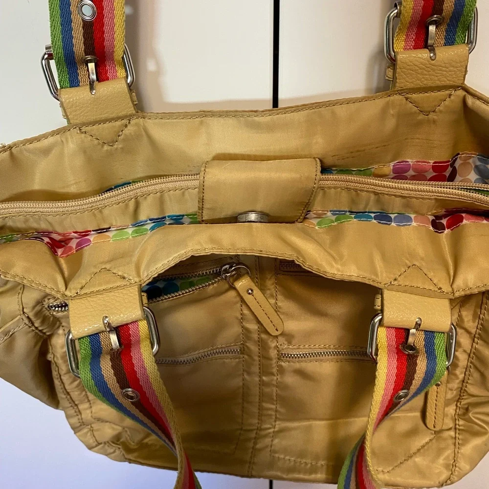 Franco Sarto Tan Bag with Rainbow Straps & festive interior with lots of pockets